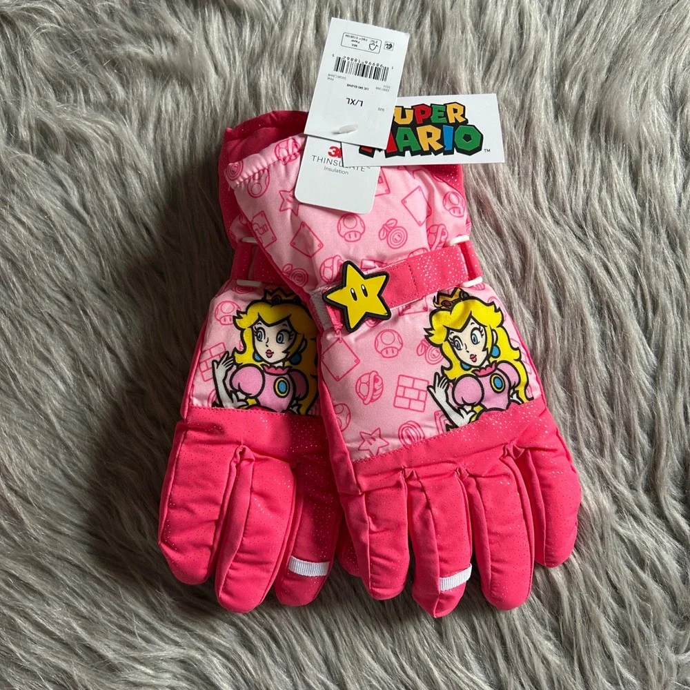 Nintendo Super Mario‎ Snow Ski Gloves Girls Size Large/XL Pink Princess Peach